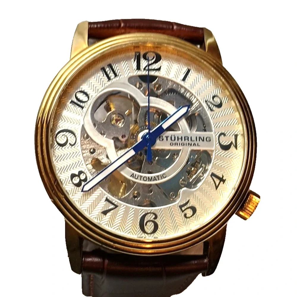 Stuhrling Delphi Oracle 107BG Automatic 44mm Skeleton Watch Gold toned Leather - Picture 2 of 16